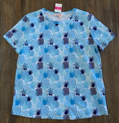 Fresh Produce Pineapple Stand Scoop Neck Tee Shirt Tropical Colorful Blue NWT- L