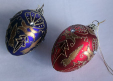 2 Egg Shape Jeweled Red Blue Glass Christmas Ornaments - 2-3/4" SO39