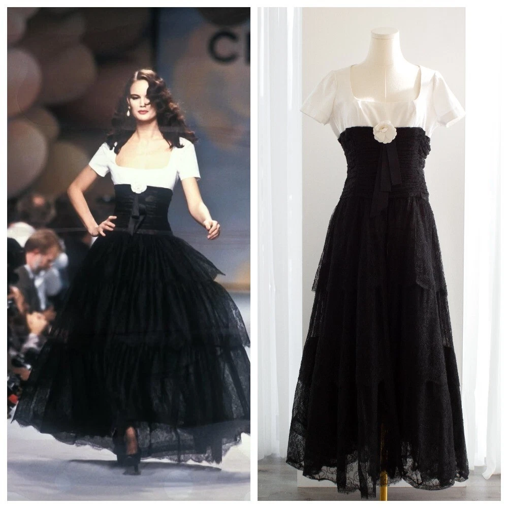Abito vestito Chanel vintage S S 1988 bianco nero pizzo camelia fiocco