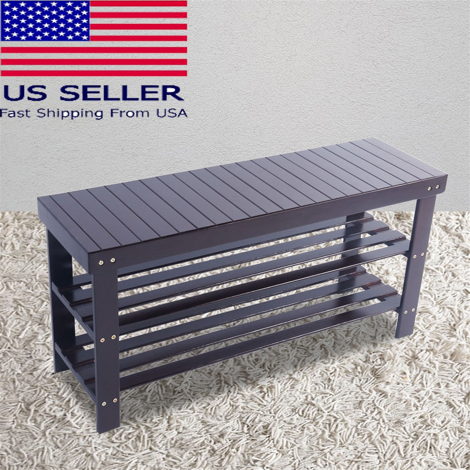 3-Tier Solid Bamboo Shoe Rack Organizer with Stool Bench Function-image
