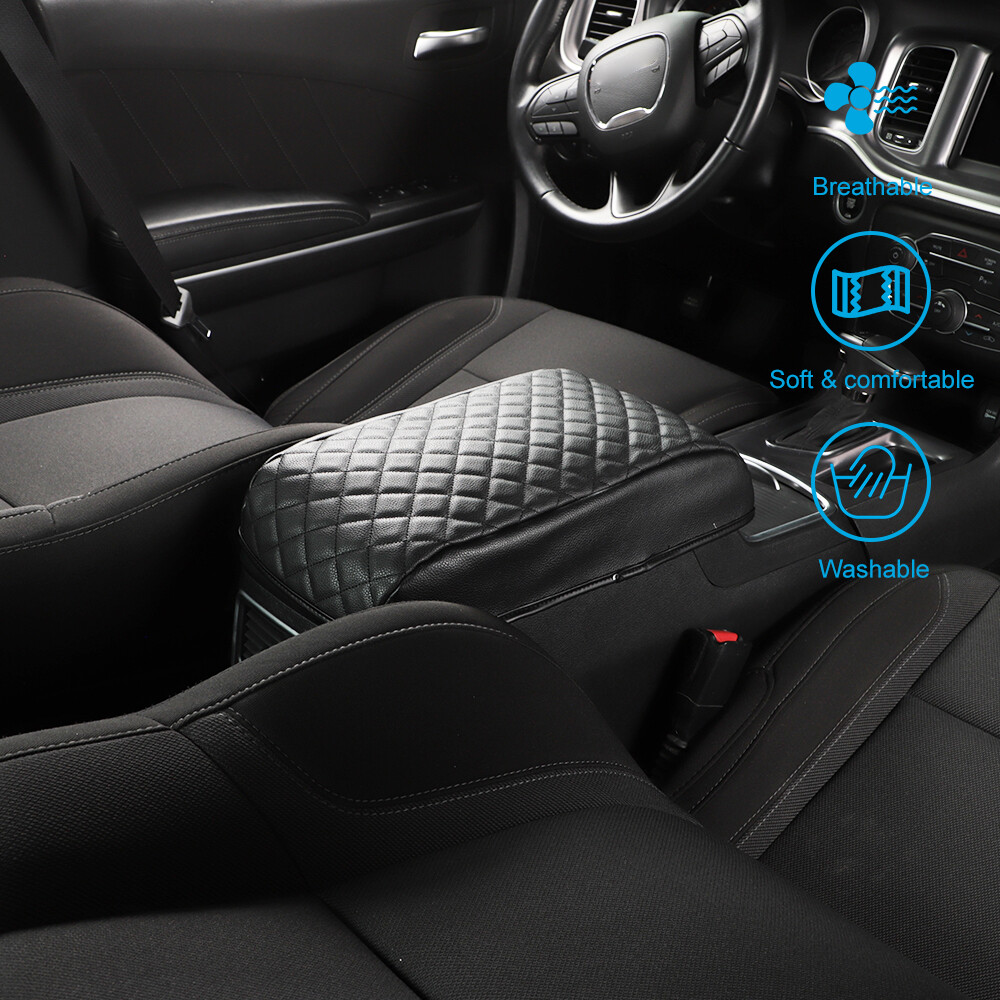 Black PU Leather Organization Box Armrest Pad Cover for Dodge Charger 300c 2011+