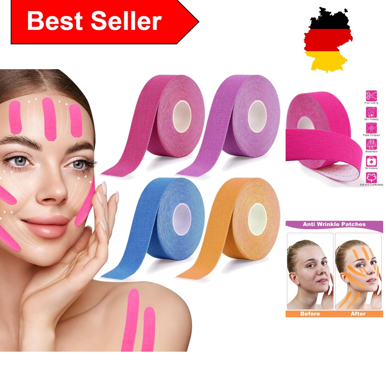 Face Lifting Tape,4 Stück Gesichtstape Gegen Falten Patch, Myofasziales