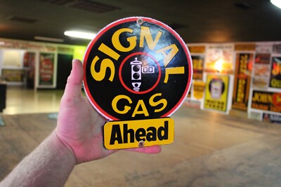 SIGNAL GAS STATION AHEAD GASOLINE DEALER PORCELAIN METAL SIGN GAS OIL FORD ETHYL
