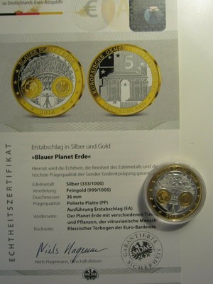 Erstabschlag Zu Den 5 Euro Munzen Blauer Planet Erde 2016 Pp Silber Gold Ebay