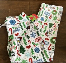 Peanuts womens Christmas Snoopy Plush Pajama Pants New Sz M Snowflakes 4021