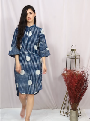 block print shirt dress Dolma Indigo Cotton Hand Block Printed Summer Shirt Dress Handmade In India
