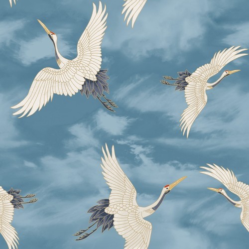 Oriental Japanese Birds Cranes Sky Blue White Metallic Silver Wallpaper - Picture 6 of 6