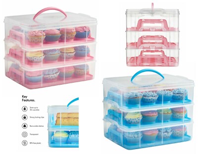 3 Tier Cupcake Holder and Cake Storage Carrier Box Clear Container Snap ...