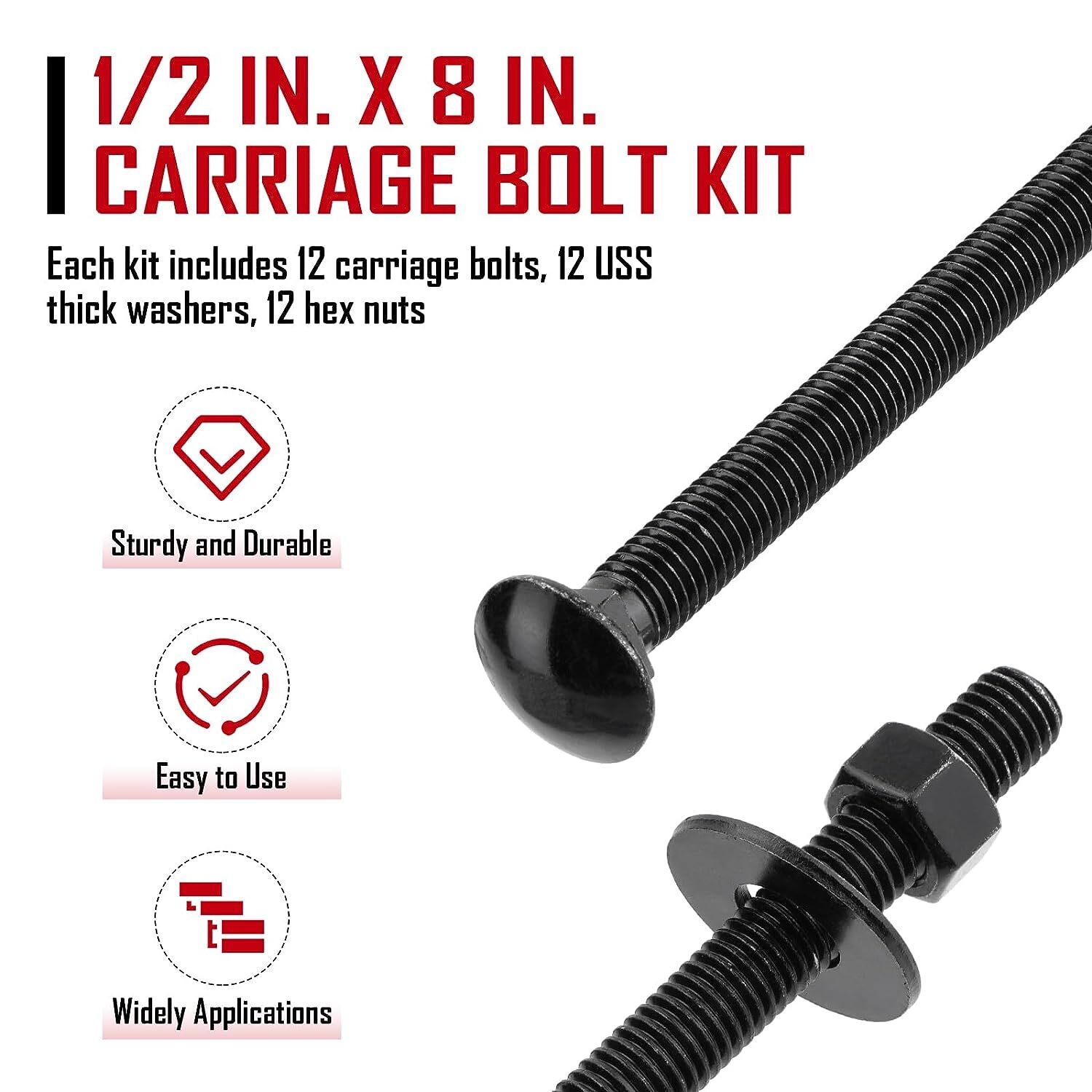 1/2inx8in Carriage Bolt Kit w/12 Bolts 12 Washers 12 Nuts+1/2''x12 ...