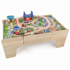 Kids Wooden Train Track 80 PCS Railway Set Activity Table With Drawer for Storag