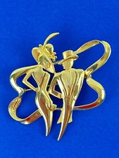 JJ Jonette Vintage Fancy Man & Woman Hats Suite Long Dresss Pin Brooch Gold Tone