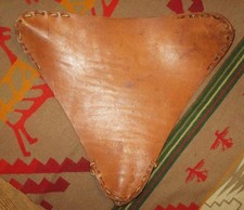 ANTIQUE HAND SEWN TAN HEAVY LEATHER TRIANGULAR SEAT COVER FOR 3 FOOTED STOOL