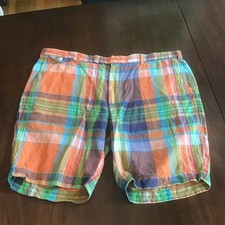 Polo Ralph Lauren Authentic India Madras 100 Linen Plaid Shorts Orange Blue 40