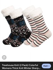 Treehouse Knit 2 Pack Colorful Womens Thick Knit Winter Sherpa Lined Slipper S