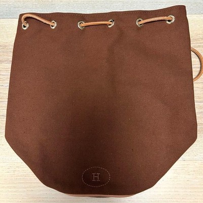 HERMES Mimile PM Brown Canvas Drawstring Backpack Shoulder Bag New