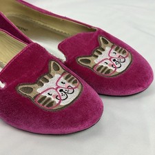 Woman s Hot Pink Lands End Cat Embroidered Slippers Cozy Cute Velvet Funky