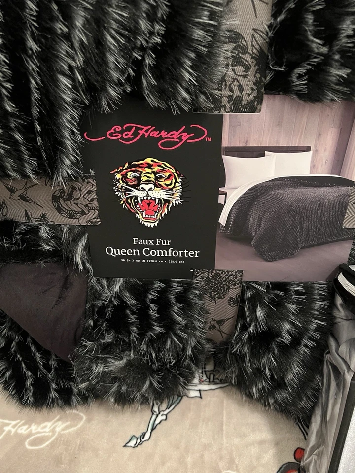 Edredón de piel sintética Ed Hardy Queen negro blanco con juego de sábanas de satén Queen de 6 piezas gris Foto 2 de 4