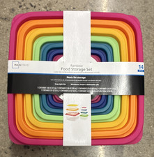 Mainstays 14-Piece Plastic Food Storage Container Set Snap Lids Square Rainbow