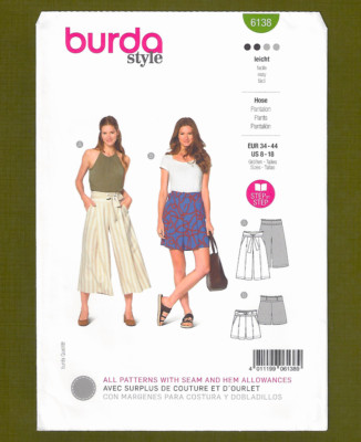 Misses Wide Leg Pants & Shorts Sewing Pattern (Sizes 8-20) Burda Style 6138