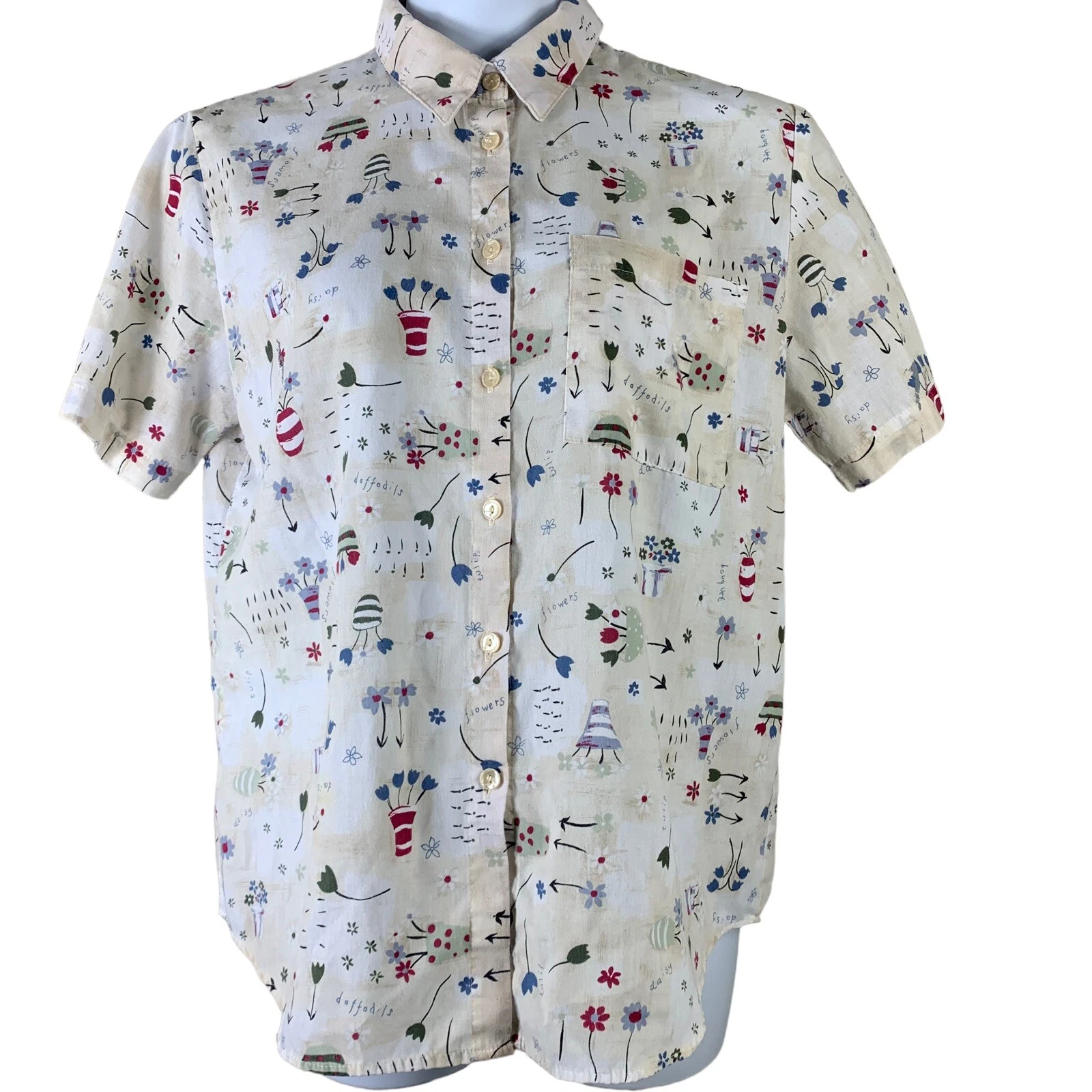 Vintage Blouse Tapestry Size Large Button Up Top Short Sleeved Floral Grannycore