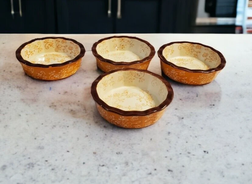 Temptations Floral Lace Set of 4 Mini Pie Quiche Dishes Orange & Brown