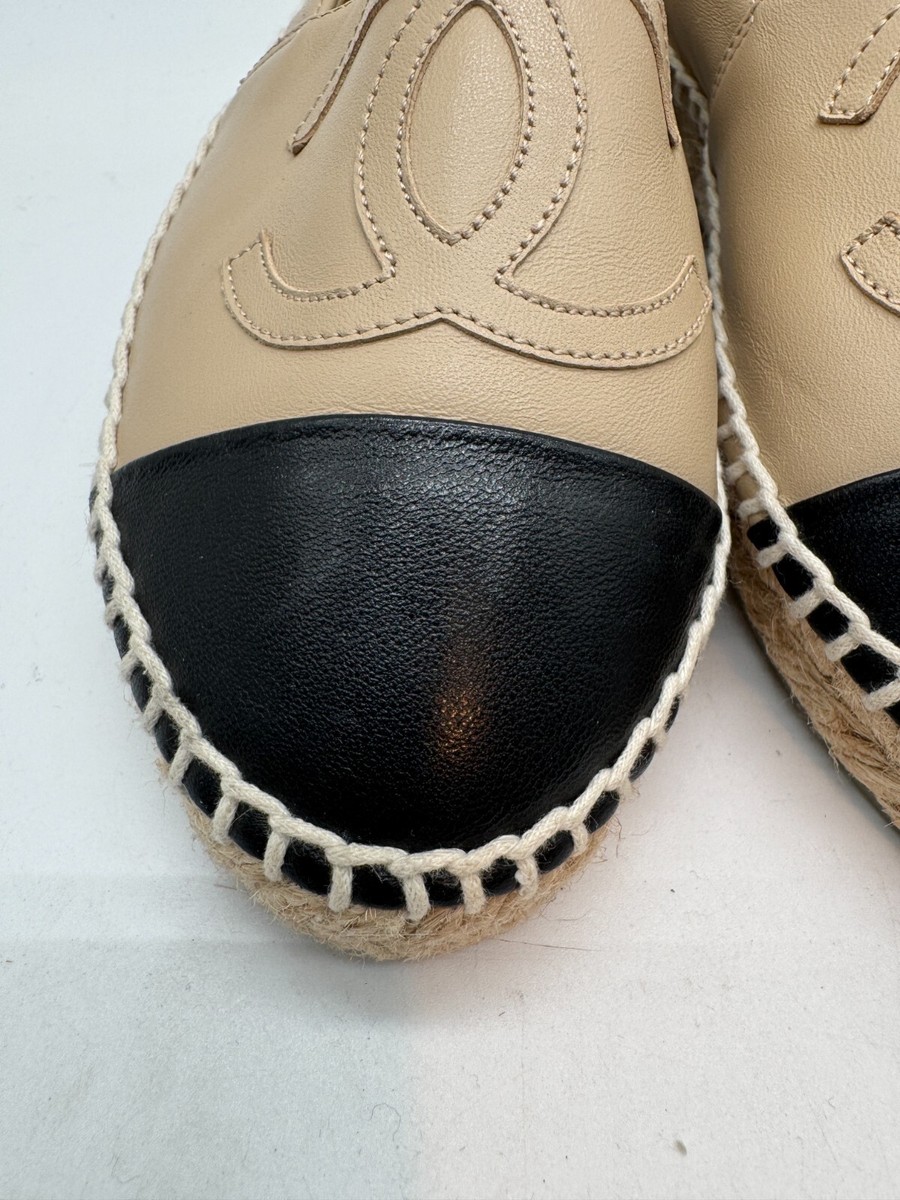 CHANEL New Beige & Black Lambskin Espadrilles Shoes Size 34 CHANEL New Beige & Black Lambskin Espadrilles Shoes Size 34