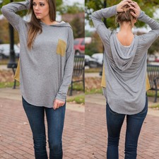 Womens Autumn Long Sleeve Crew Neck Pullover Blouse T Shirt Casual Pocket Tops