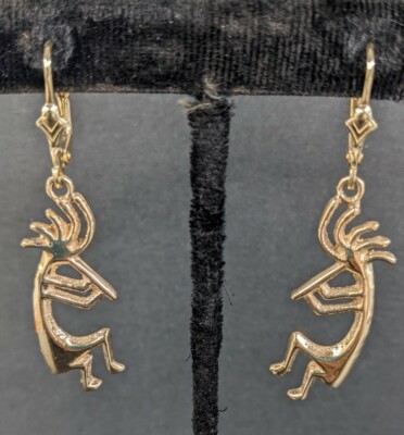 14k Native American Kachina Lever Back Dangle Earrings Signed T.Barbre ! 9.8gram