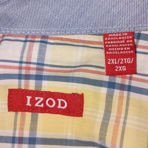 Mens Izod Saltwater Yellow Blue Red Plaid Short Sleeve Button Front Shirt Sz XXL - 第 3/10 張圖片