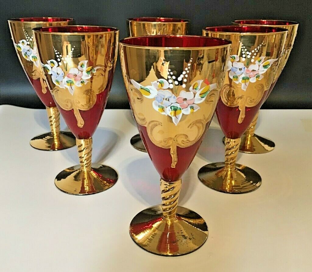 Lot De 4 Verres à Sherry Vintage – Décor Raisins Rouges Sur Pied – Italie ? – Verre Rubis
