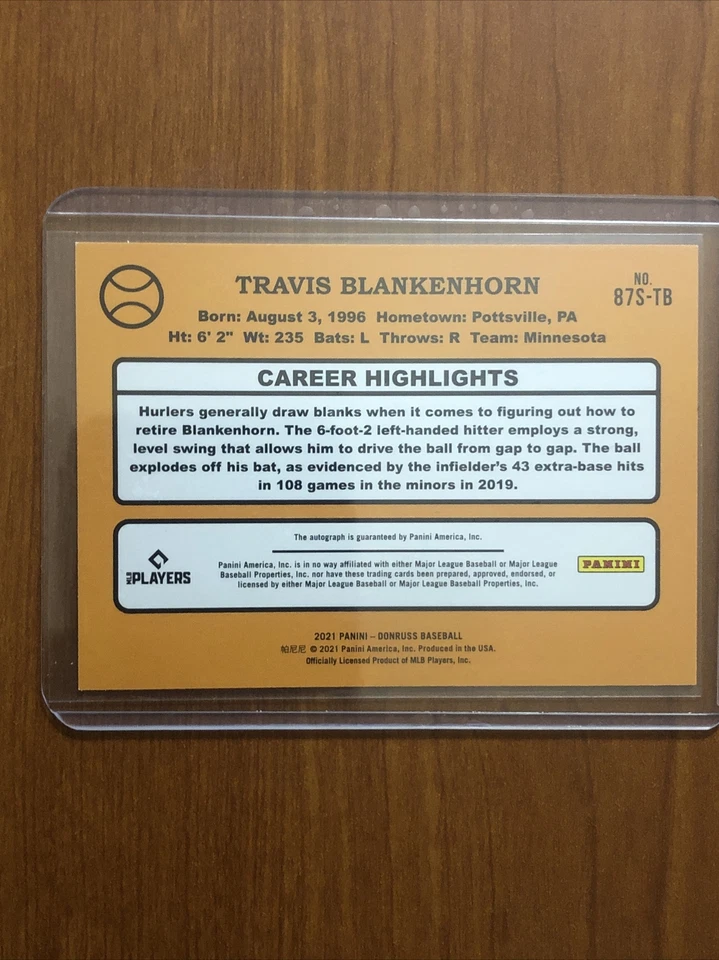 2021 DONRUSS TRAVIS BLANKENHORN RETRO 1987 AUTOGRAPH CARD #87S-TB - Image 2 of 2