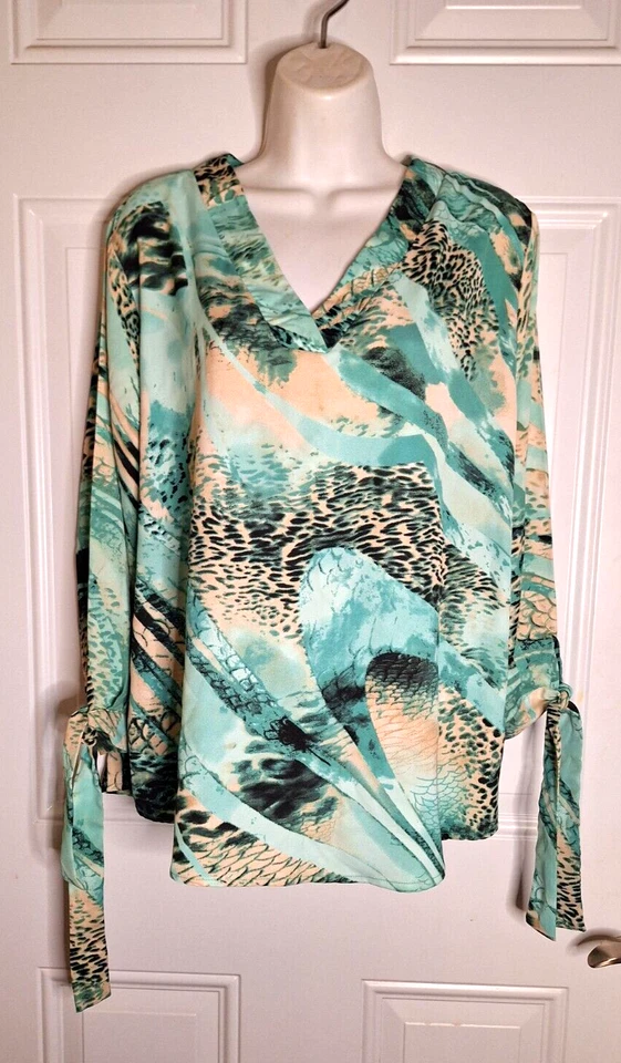 CORAL BAY V-Neck 3/4 Tie Sleeve Multicolor Tunic Top Blouse Size PXL - Image 2 of 4