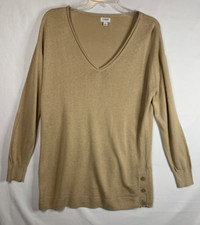 J. Crew Sweater Tunic Linen Blend V Neck Side Buttons Beige Sz Large Minimalist