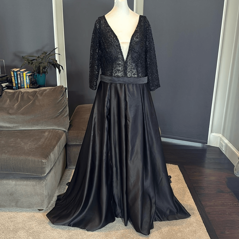 Women's Black Satin 3/4 Sleeve Sparkly Sheer Bodice Formal Dress LegSlit Size  14 | eBay