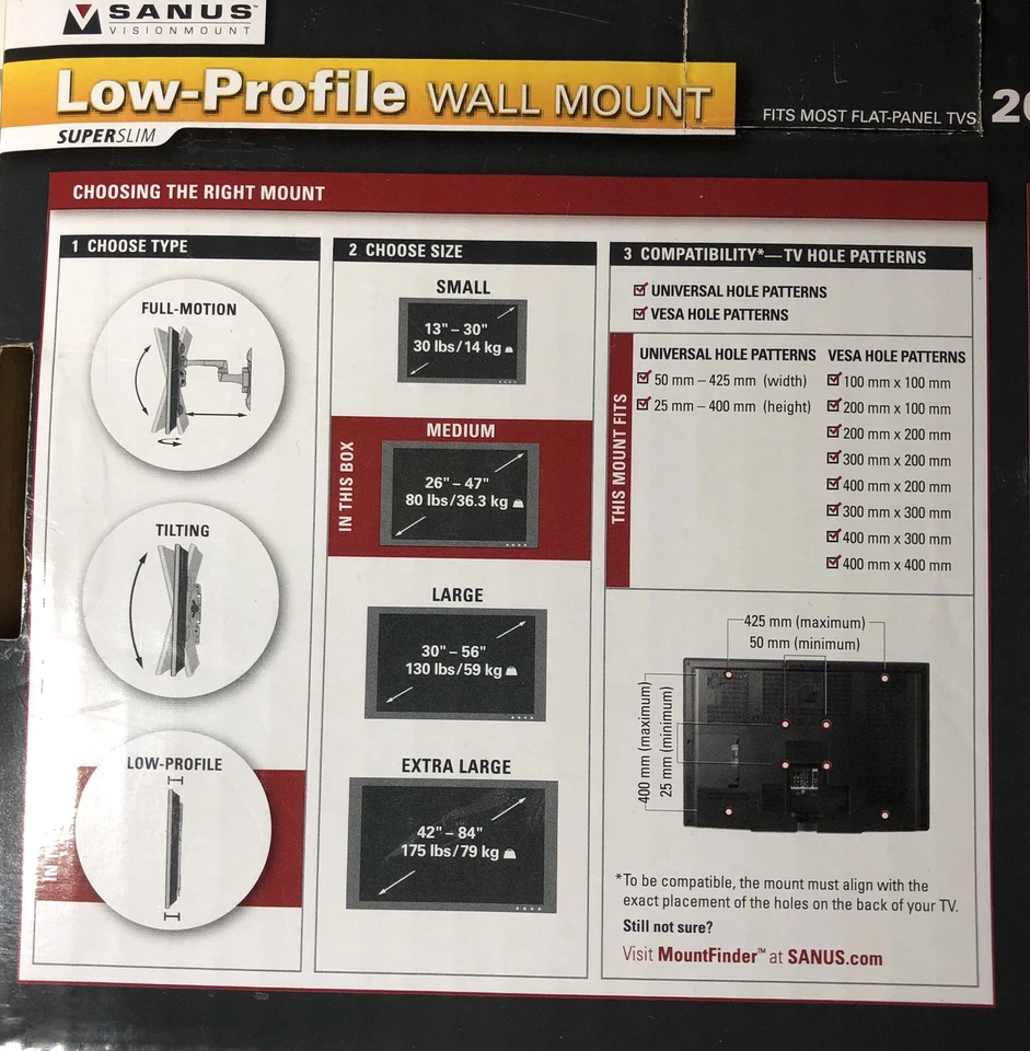 Montaje en pared para TV Sanus bajo perfil 26”-47” modelo súper delgado VML10-B1 Foto 2 de 4