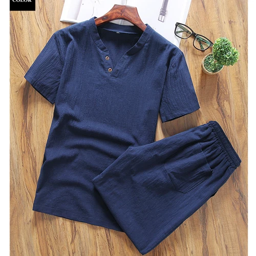 Herren Shorts Baumwolle Leinen Sommer Set 2er Set Kurzarm T-Shirt und Hose - Bild 18 von 30