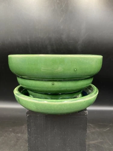 McCoy USA Pottery Green Rings Squat Flower Pot & Saucer Planter