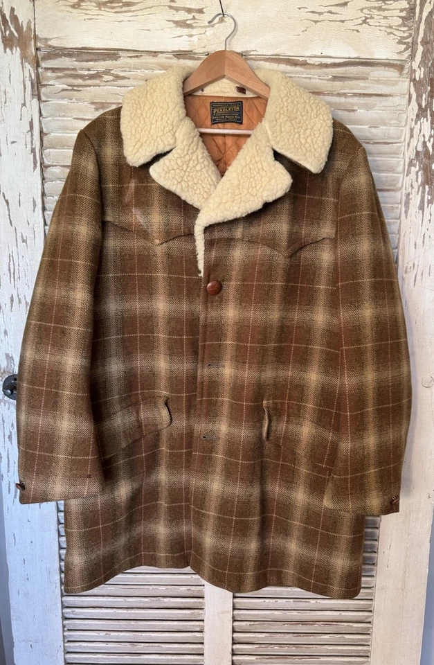Jaqueta masculina Pendleton vintage lã sherpa anos 70 xadrez casaco sherpa Fargo Western GG - Imagem 2 de 4