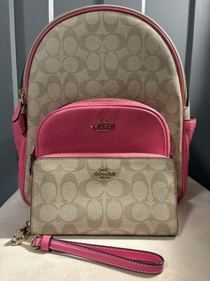 Coach Court Backpack Beige/Pink Gold Hardware Zip Closure w/ Wristlet