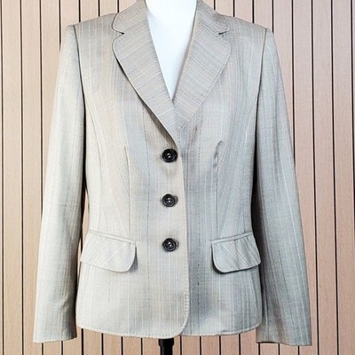 Escada Wool Silk Blazer UK 10 12 EU 42 Beige Pinstripe Tailored Jacket