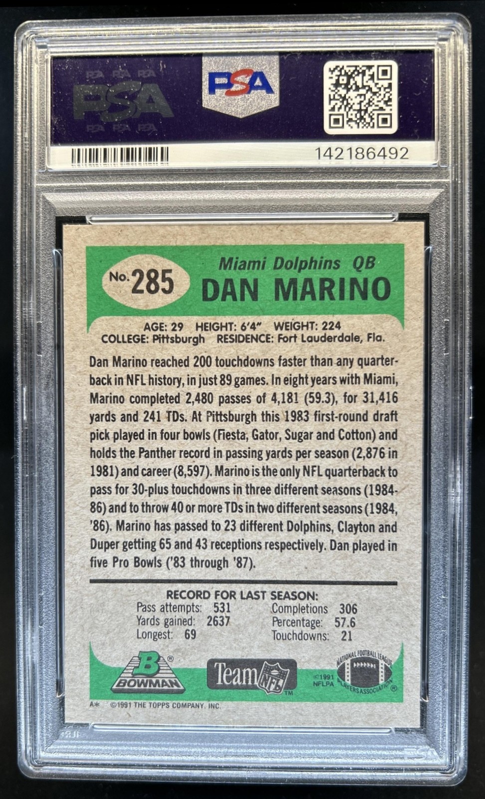 1991 Bowman Dan Marino #285 Dolphins PSA 9 view 2