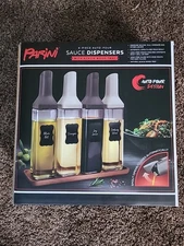 Parini 4-Piece Auto Pour Sauce Dispensers Acacia Wood Tray Leak Free NEW IN BOX