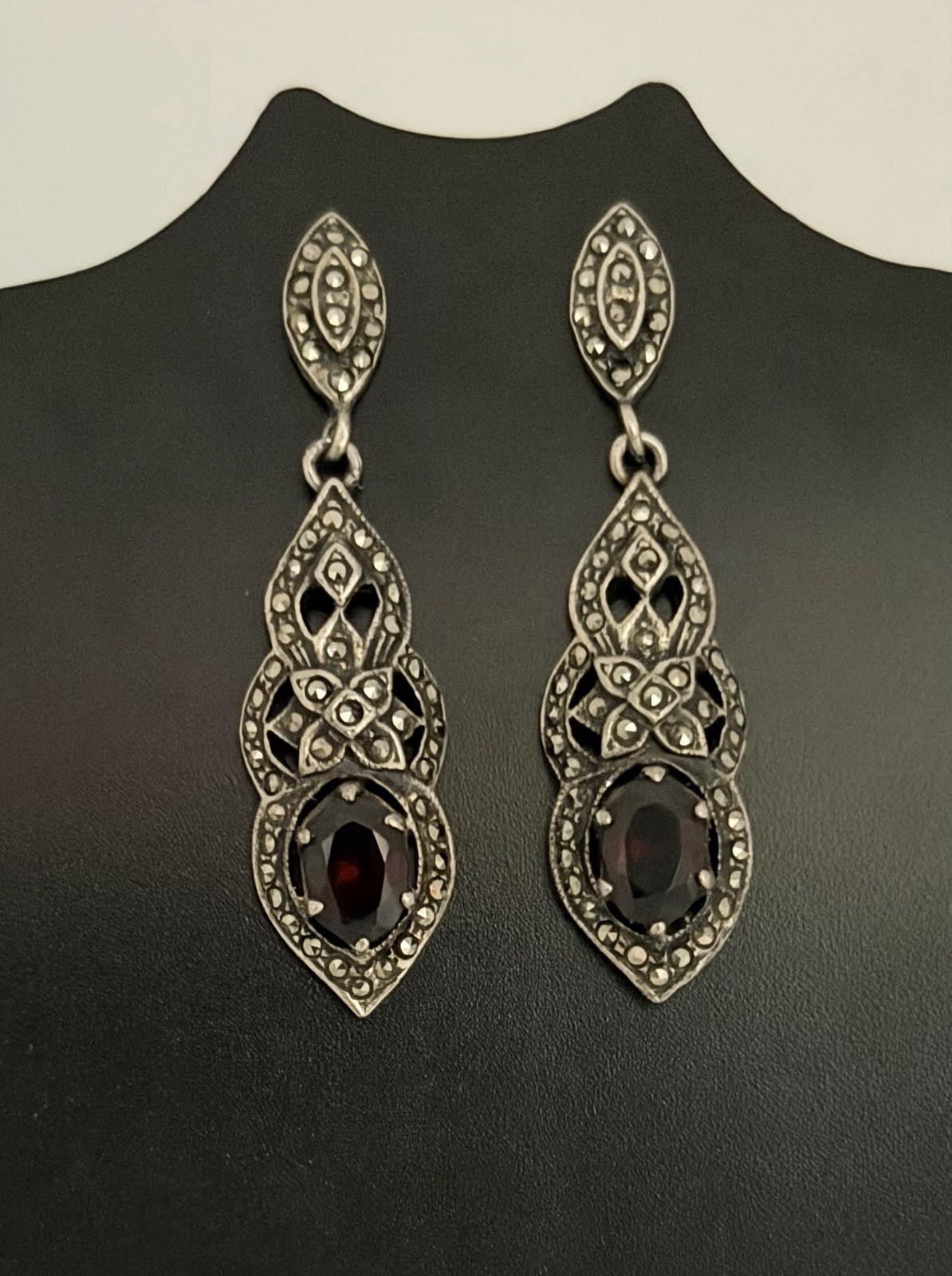 Marcasite Dangle/Drop Pierced Earrings Ruby Red 9… - image 1