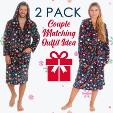 2 Psc SET Matching Robes For Her  For Him Christmas Pattern Hooded Warm Robes