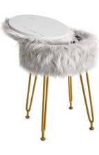 IBUYKE Round Faux Fur Vanity Stool with Storage, Furry Makeup Chair Ottoman,
