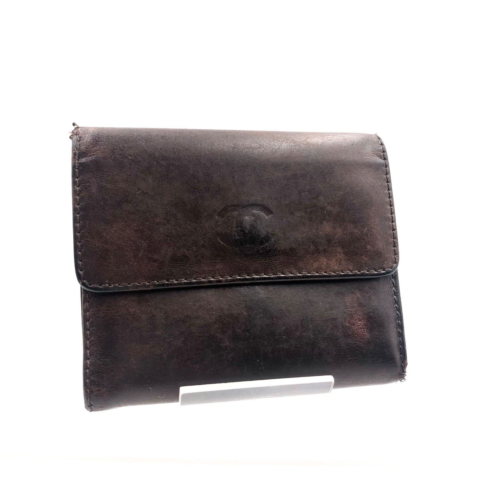 CHANEL Coco Mark Tri-Fold Leather Wallet Dark Brown with Gold Hardware