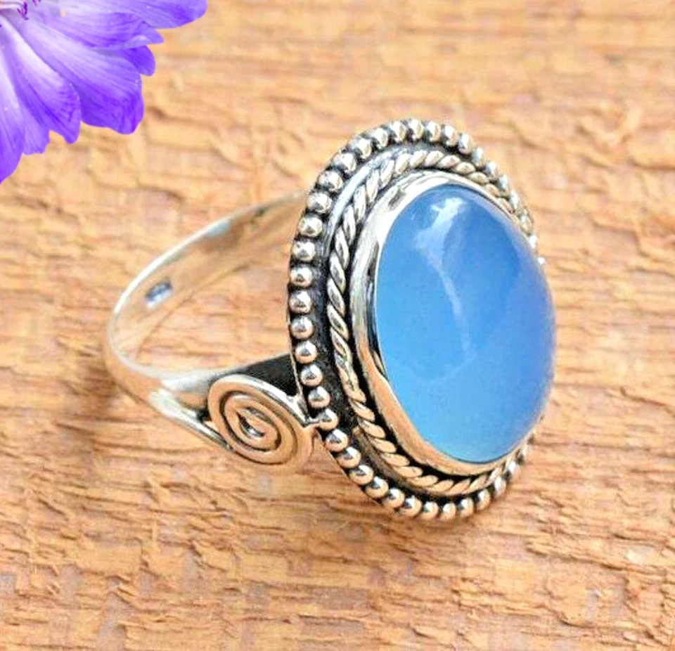 Blauer Chalcedon Edelstein 925 Sterling Silber Handarbeit Schmuck Ring alle G...