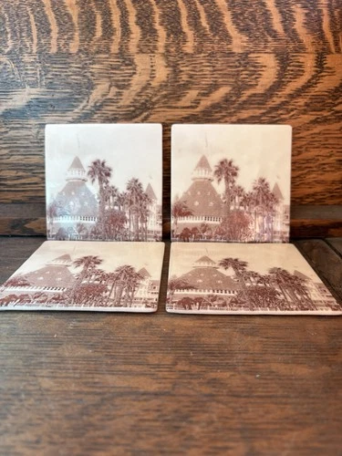 Hotel Del Coronado Vintage Porcelain Sepia Photo Coaster Tiles 4” Signed OOAK