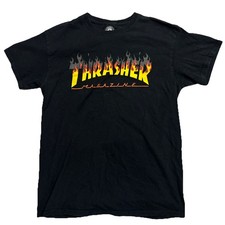 Y2K Thrasher Skateboard Magazine T-Shirt Black Orange Print Red Medium EUC Skate