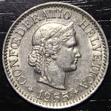 1955 B Switzerland 20 Rappen Copper Nickel World Coin AU Details